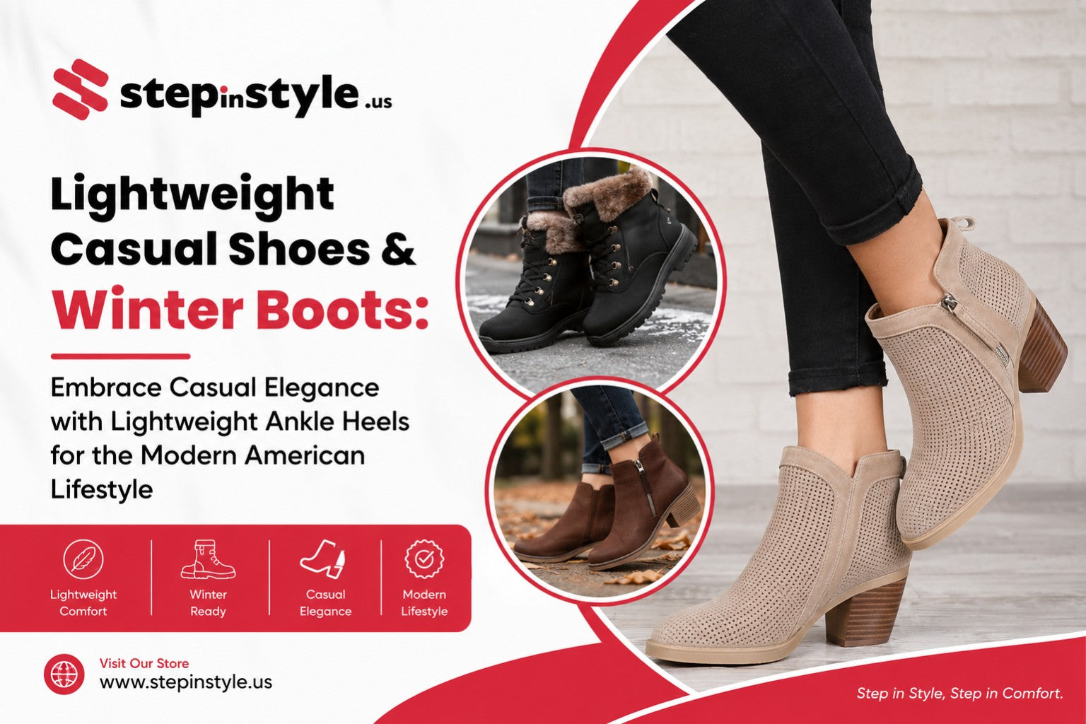 Lightweight Casual Shoes & Winter Boots: Embrace Casual Elegance with Lightweight Ankle Heels for the Modern American Lifestyle