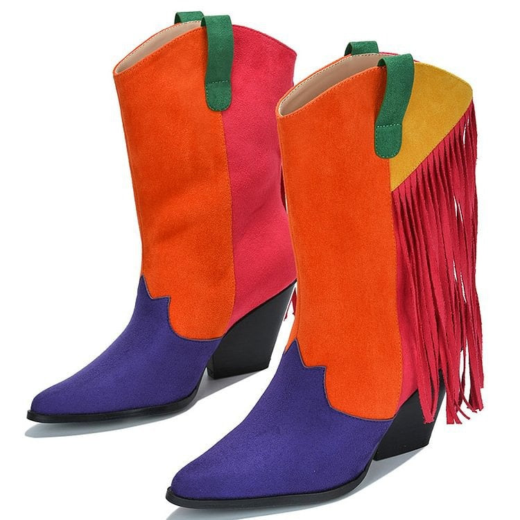Female Faux Suede Fringed Cowboy Boots Autumn Winter