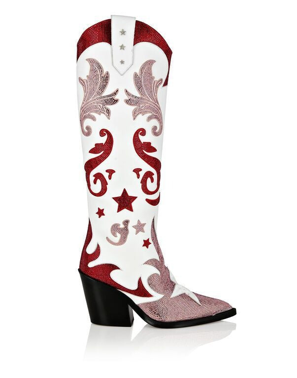 Rhinestone Patchwork Cowboy Boots Women Bling Crystal High Wedge Heel Women Shoes Femme Pointed Toe Slip On Knee High Boots