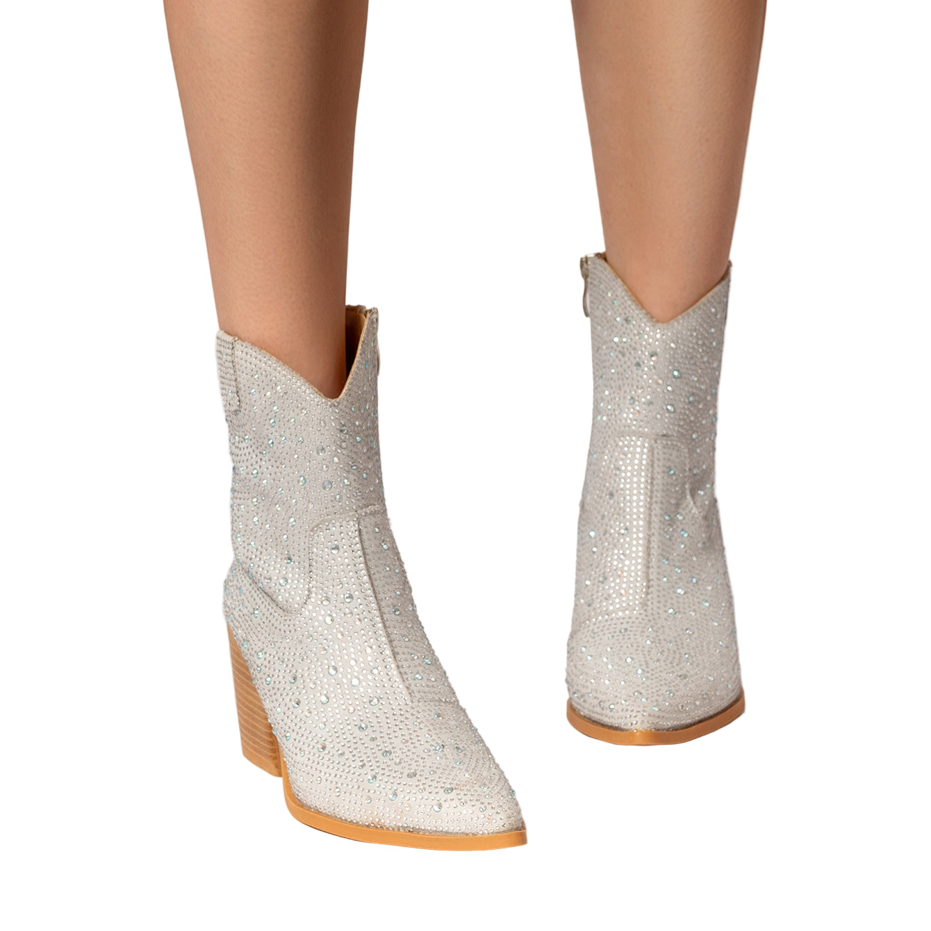 Women’s Rhinestone Decor Zipper Design Cowboy Boots