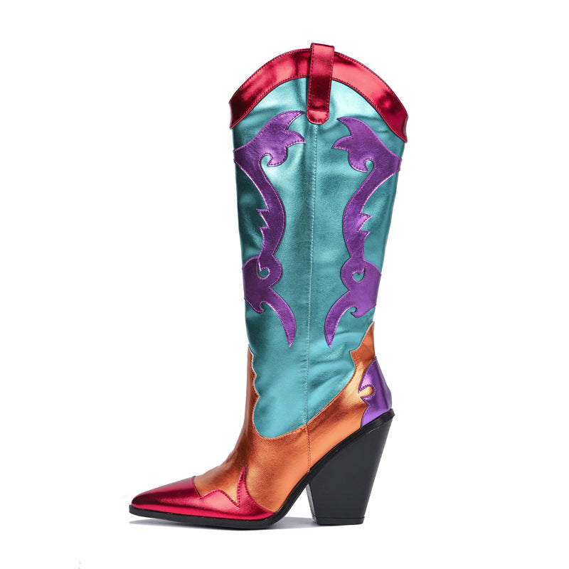 Women Patchwork Boots Shiny Metallic Leather