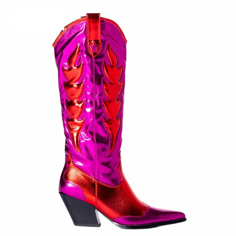 Women Chunky Western Boots - Shiny Metallic Leather