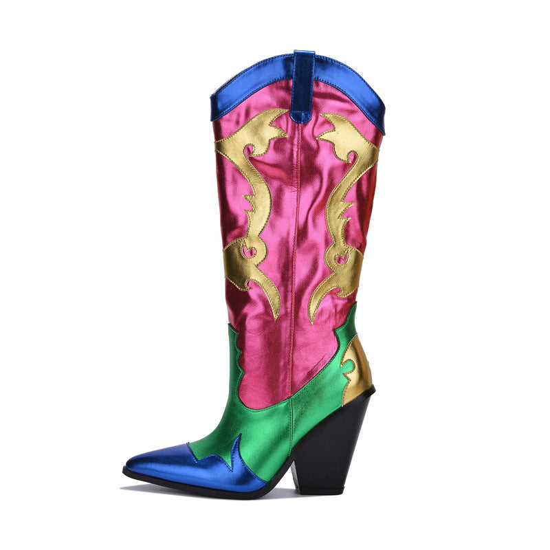 Women Patchwork Boots Shiny Metallic Leather