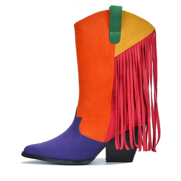 Female Faux Suede Fringed Cowboy Boots Autumn Winter