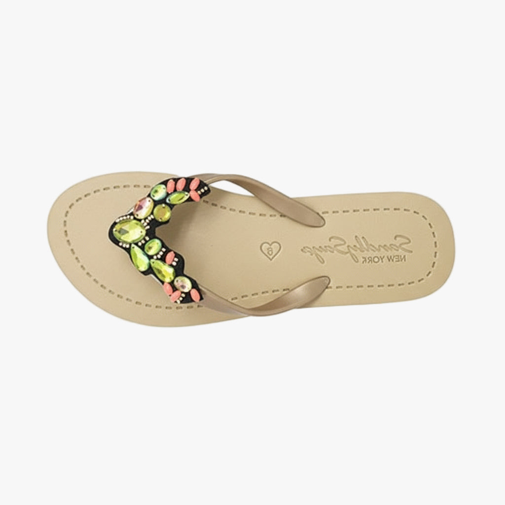 Cactus - Green Rhinestone Embellished Women's Flat Flip Flops
