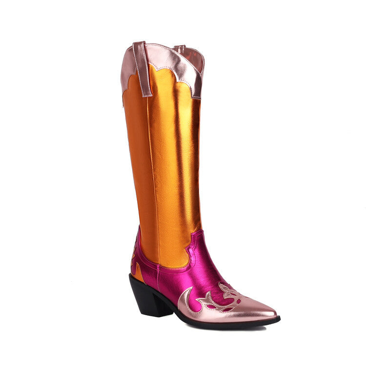 Women Chunky Western Boots - Shiny Metallic Leather