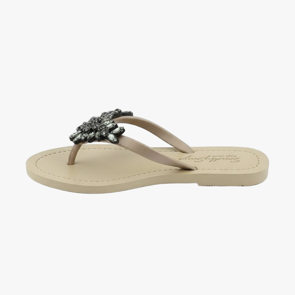 Manhattan Black - Crystal Stones Embellished Flat Flip Flops