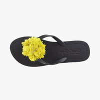 yellow flower embroidered flip flops sandal for women - Black